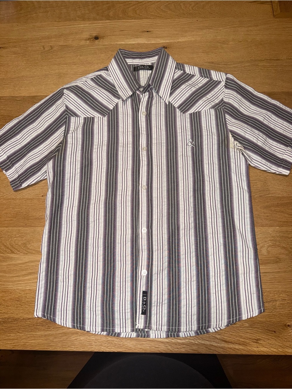 Dolce & Gabbana Short-Sleeve Striped Button-Down in White and Gray